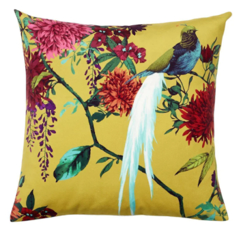 Chintz Velvet Cushion with Bird - Gold