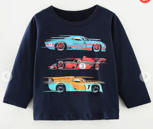 Blue Long Sleeve T-Shirt with Racing Cars