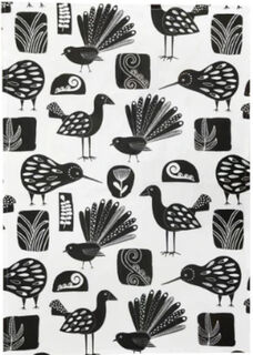 NZ Birds Black on White Tea Towel